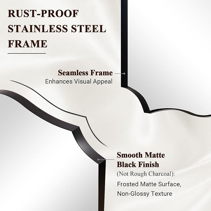 ANDY STAR Matte Black Bathroom Mirror, 24x32 Inch Scalloped Mirror for Bathroom, Black Irregular Mirror in Premium Stainless Steel 1“ Frame, Unique Wavy Shape, Italian Style