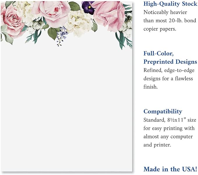 Current Victorian Rose Floral Letter Paper - Spring Stationery Papers With Decorative Rose Border, Printable Holiday, Wedding & Bridal Shower, & Invitation Sheets, Set of 25, 8 1/2" x 11"