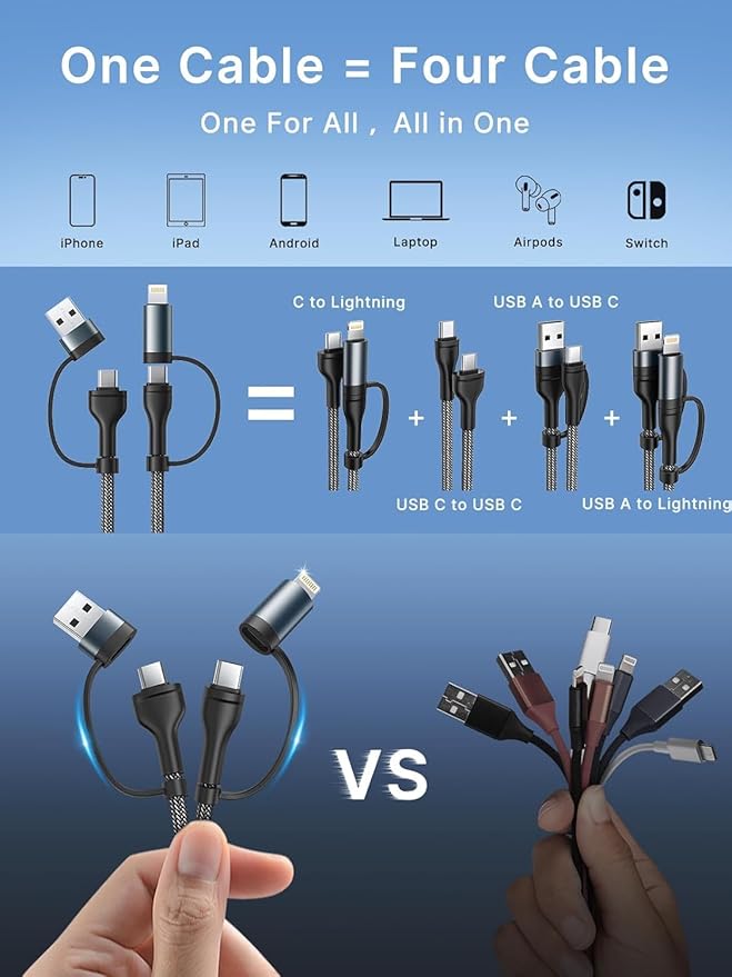 XUDUO 4-in-1 USB C Cable Lightning Cable 60W [Fast Charging & Data Sync] 6FT Multi IP-ad Charger Cable Charging Cord Lightning/Type C/USB A Ports for iPhone 16/15/15 Pro/15 Plus/15 14 Pro Max