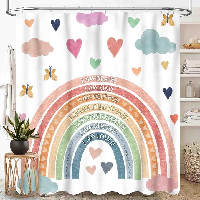 Pastel Rainbow Shower Curtain for Bathroom, Kids Girls Baby Boho Cute Inspirational Motivational Quotes Rainbow Colorful Waterproof Fabric Shower Curtain Set with Hooks, 72"x72" Inch