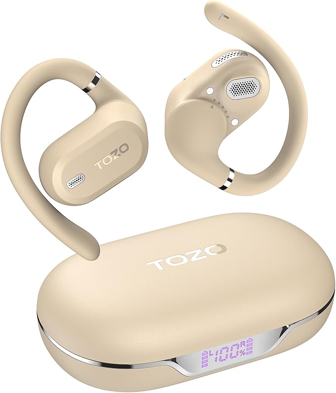 TOZO OpenWear Open Ear Headphones, Adjustable Ear Hooks, Ultra Comfort, Punchy Bass Bluetooth Headphones 5.4 with Smart Digital Display, Immersive Audio Earbuds, Stereo Bass, Fast Charging