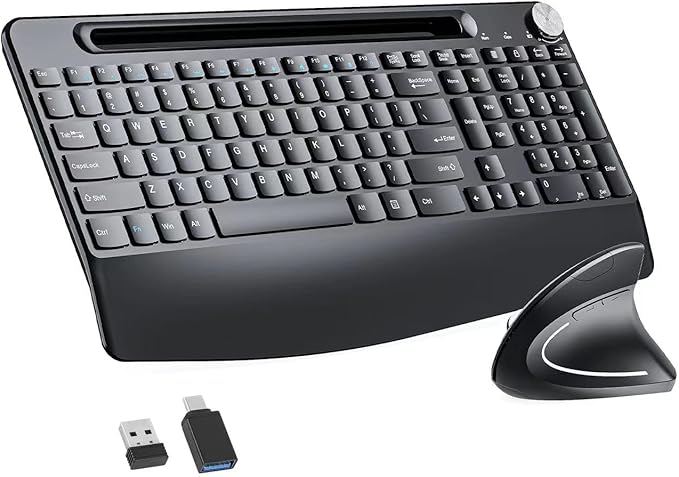 Sksyloo Full-Size Ergonomic Keyboard and Mouse, 2.4GHz Wireless Keyboard and vertical Mouse with Tablet Phone Holder, Wrist Rest for Computer Mac PC Laptop Chromebook, Black