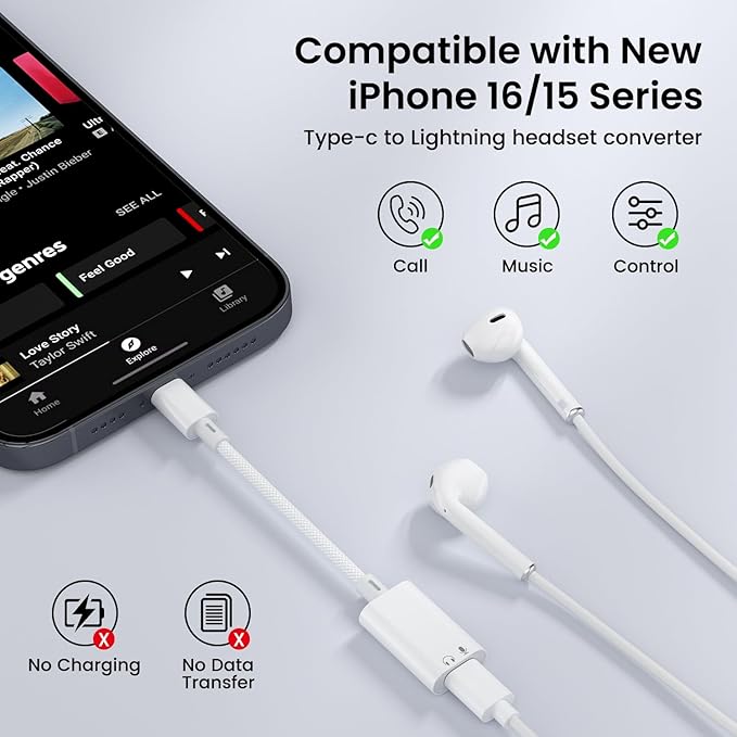USB C to Lightning Headphone Audio Adapter, USB C Male to Lightning Female Earbuds Audio Adapter Compatible with iPhone 17/16/16e/15 Plus/Pro/Max, iPad Pro, iPad Air 6/5, MacBook (No Charge)[50 Pcs]
