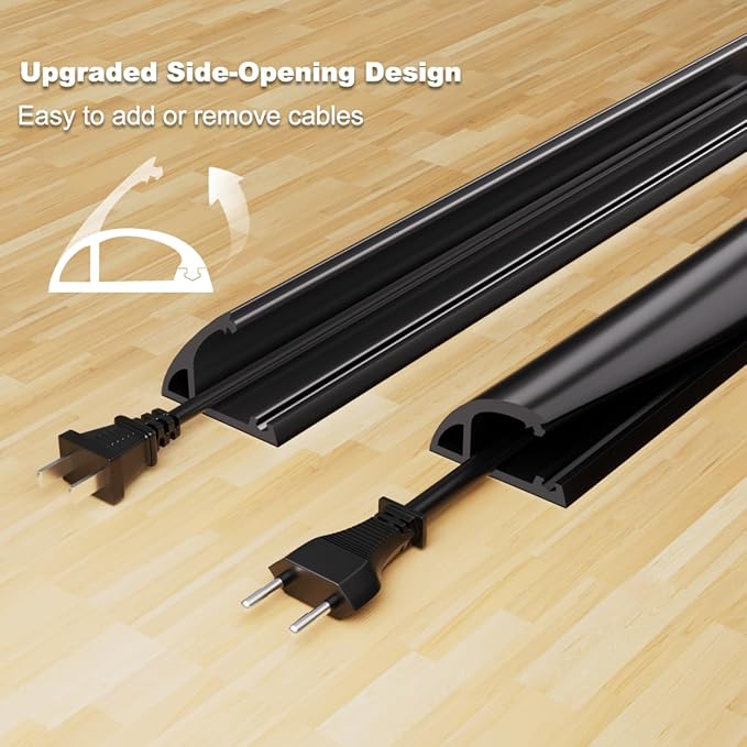 Kneelisa 4FT Side-Open Extension Cord Covers for Wires on Floor,Silicone Power Cable Protector Cord Hider Management Strip,Hide Electric Wire on Carpet,Chord Runner Protective Safety Wiremold,Black