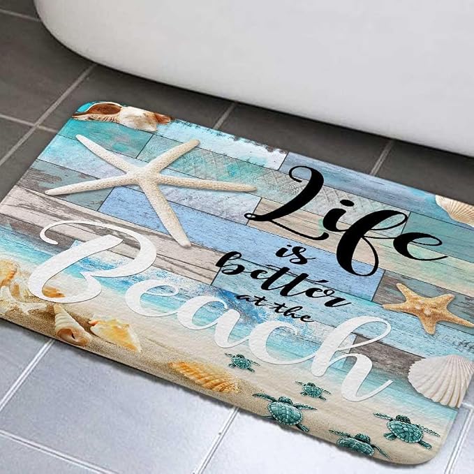 Beach Starfish Sea Shell Ocean Bathroom Rugs Mat, Non Slip Rustic Beach Bath Rugs for Bathroom, Durable Rustic Wooden Flannel Mat Rug, Absorbent Water Clearance Mats for Laundry Room Kitchen,16X24