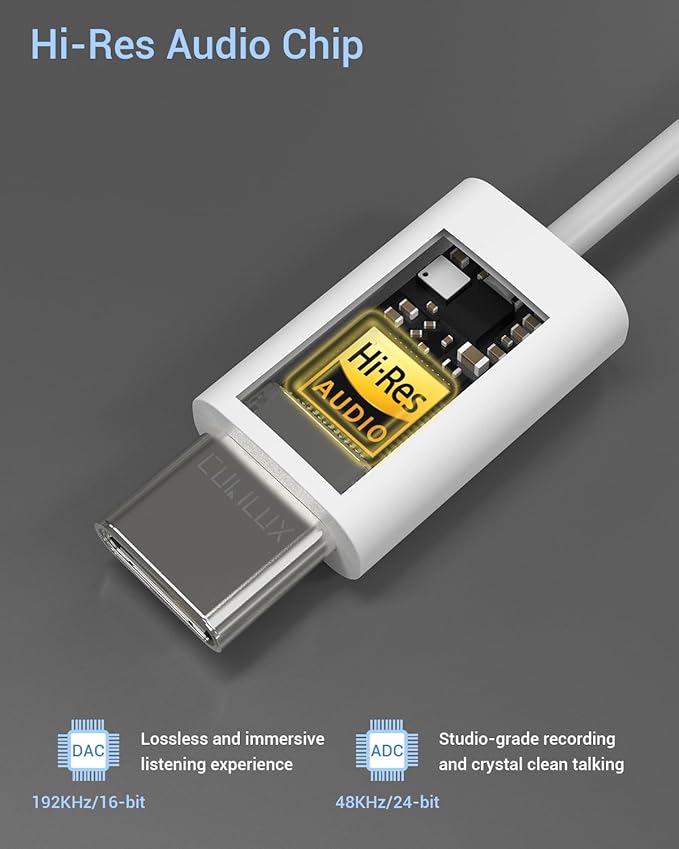 Cubilux USB C Headphone Adapter [192KHz/16-bit DAC] Type C to 3.5mm Audio Dongle for iPhone 17/16/15, iPad Pro 13/12.9/11, iPad Air 13/11, Pixel 10/9/8/7 Pro 9a/8a/7a, Samsung S25/S24, White 2-Pack