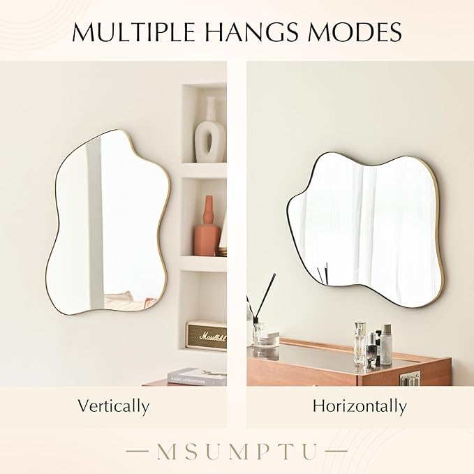 Irregular Wall Mirror Gold Wave Shaped Metal Framed Wall Mirror for Bathroom Bedroom Entryway Living Room Wall Decor 24" L x 18" W 2305Gold