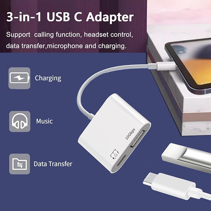 [Apple MFi Certified] USB-C to USB Adapter for iPhone 17/16/15, 10Gbps USB-C Male to USB 3.2 Female OTG, 3 in 1 Audio Cable 60W PD Charging Port and Data Transfer, Compatible with MacBook Pro Air