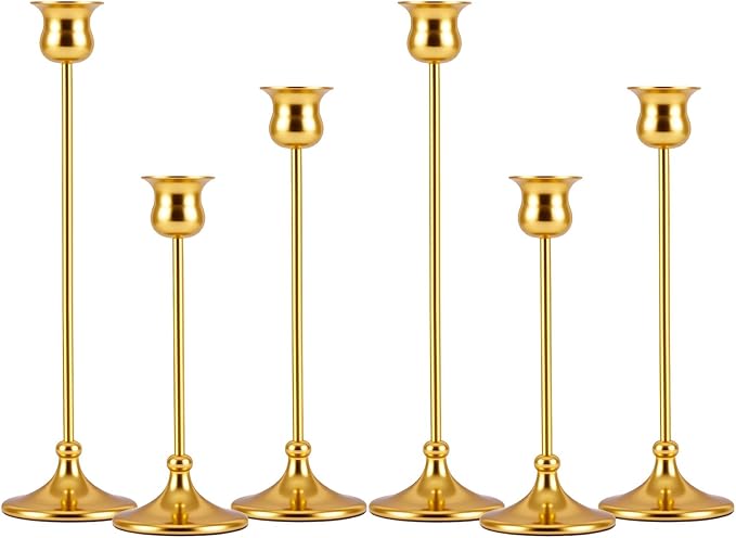 Metal Candle Holder Taper Candlestick Holders for Candle Sticks Vintage Candelabra for Halloween Thanksgiving Christmas (Gold, 2 Sets (6 pcs))
