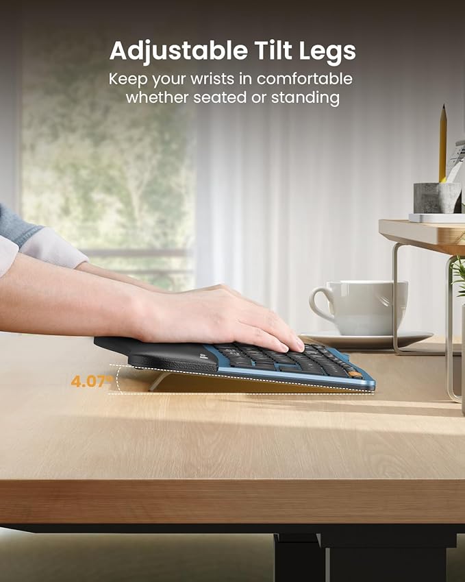 ProtoArc Backlit Bluetooth Ergonomic Keyboard, EK01 Plus Full Size Wireless Split Keyboard with Dual Bluetooth and USB, Cushioned Wrist Rest, Rechargeable, Compatible with Windows/Mac/Android, Blue
