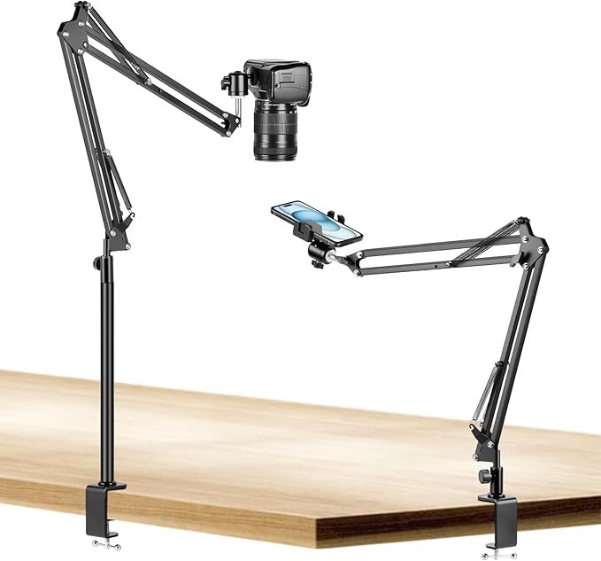 Overhead Camera Mount, Desk Camera Mount with 360° Adjustable Arm and Phone Holder for DSLR Cameras/iPhone/Webcam/Ring Light, Desk Phone Stand for Video Recording,Zoom Meeting,YouTube,TikTok