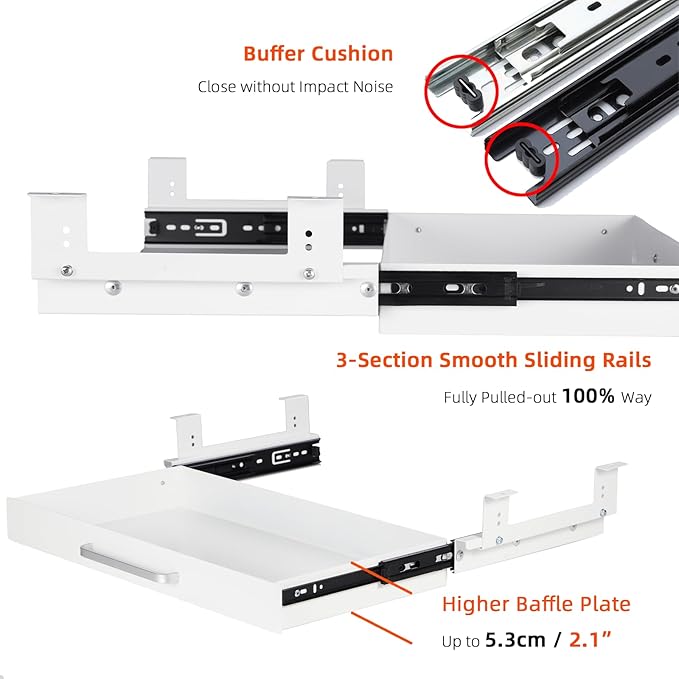 OSteed Under Desk Drawer Organizer 21" White Upgrade with Adjustable Brackets, Sliding Pull-Out Under Table Pencil Drawer, Office Standing Desk Attachment for Workbench