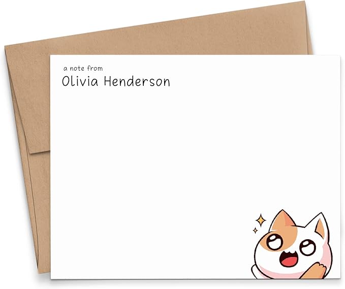 Personalized Kawaii Stationery Set for Kids Japanese Note Cards, Custom Kawaii Stationary Notes, Kawaii Cat Notecards for Girls, Your Choice of Colors and Quantity