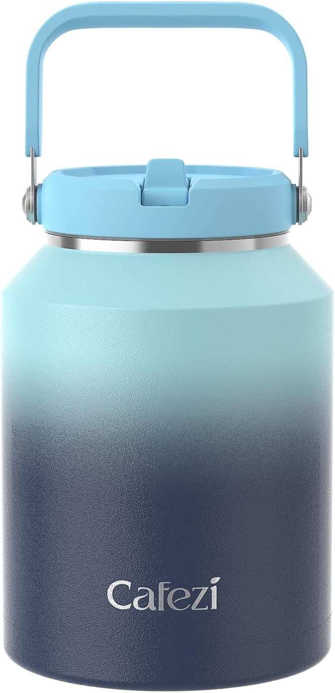 Half Gallon Insulated Water Bottle with Flip Straw, Vacuum Insulated Stainless Steel Jug with Top Handle, Leak-Proof Lid, Sweat-Free, Wide Mouth, Keeps Ice Cold up to 34 Hours