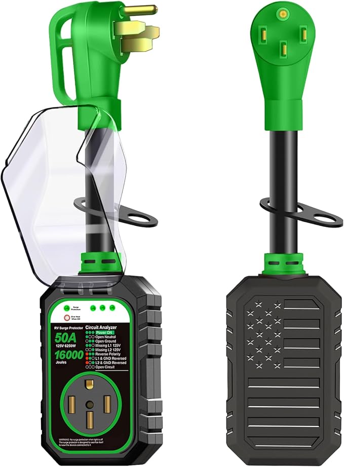 RV Surge Protector 50 Amp Flag Design - Upgraded 16000J Power Surges Voltage Protection Circuit Analyzer IP68 Waterproof Cover for 50A RVS Camper Trailer Must Haves (50Amp, Green)