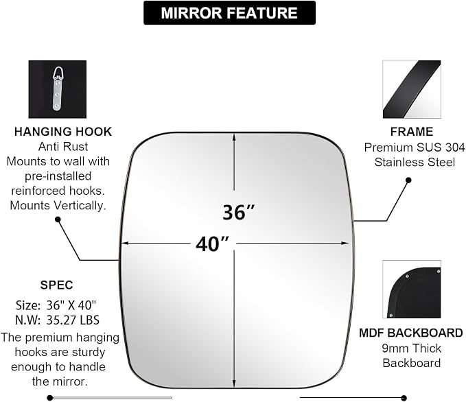 ANDY STAR Bronze Oblong Mirror, 36x40 Inch Brushed Bronze Oval Mirror for Bathroom with Stainless Steel Metal Frame, Wall Mouned for Bathroom, Living Room, Entryway