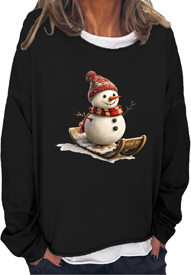 LOAIHA Christmas Shirts for Women Crewneck Snowman Snowflake Santa Graphic Shirts Christmas Tree Long Sleeve Xmas Hoodie