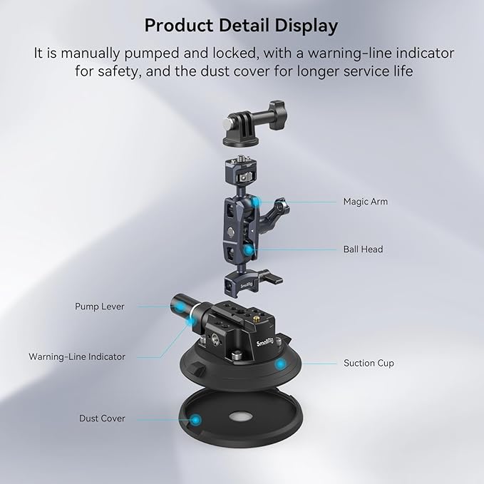 SMALLRIG 4" Camera Suction Mount with Ball Head Magic Arm, Car Mount for Lightweight Camera/Action Camera/Phone, Air Pump Vacuum Suction Cup, Max Load 3kg/6.6 Pound - 4236