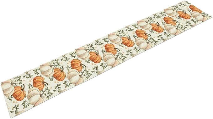 Fall Pumpkin Table Runner White Orange Vegetables Seeds Parsley Watercolor Hand-Painted Illustration Home Decor for Farmhouse Indoor Outdoor Party Holiday Dining Kitchen Restaurant Cafe W13xL108in
