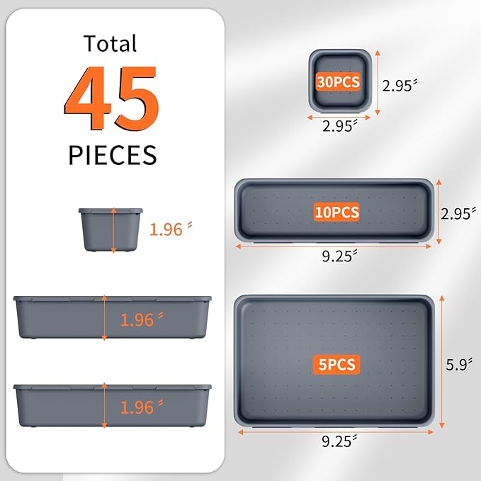 45 Pack Desk Drawer Organizer Tray, 3 Sizes Plastic Drawers Organizer Storage for Kitchen, Bathroom, Office, Vanity, Makeup, Utensils, Junk Drawer Organizer Bins, Gadget Trays for Organizing, Grey