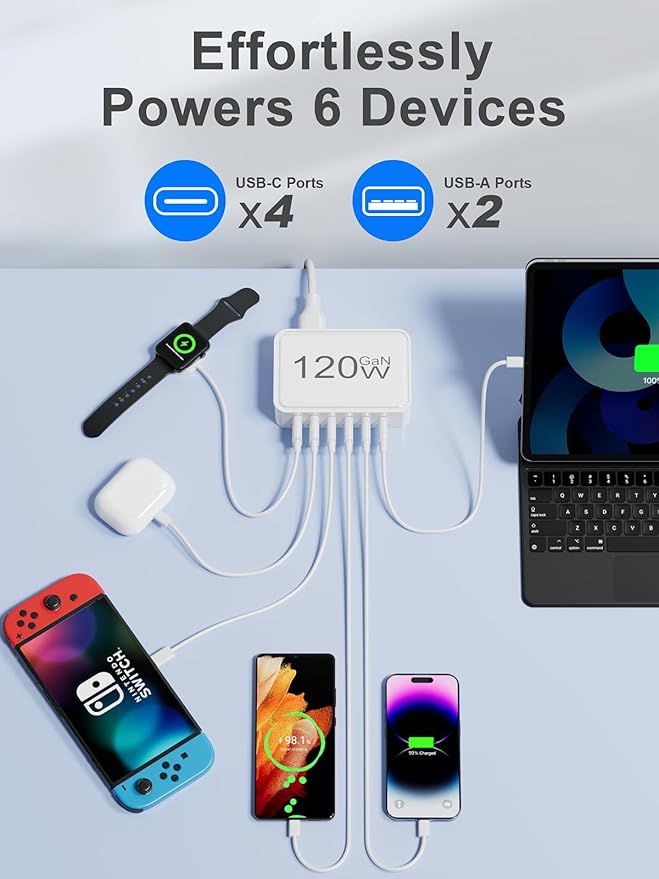 Otovoda 120W USB C Charger Block, 6 Port USB Charging Station for Multiple Devices, 5FT Desktop Multi Charging Hub Compatible with iPhone Samsung ipad, for Travel Home Office