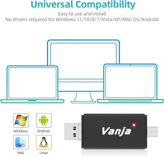 Vanja SD Card Reader, High-Speed USB Type A & Type C to Micro SD Card Adapter for SD, SDHC, SDXC, Micro SDXC | Compatible with iPhone 17/16/15, MacBook Pro/Air, iPad Pro, Smartphone