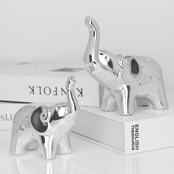 prosfalt A Pair Elephant Statue Home Decor,Modern Style Figurines,Sculpture for Office Desktop Bookshelf Living Room (Ceramics Silver)