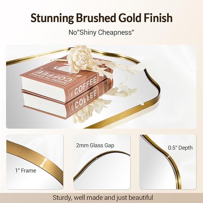 ANDY STAR Brass Scalloped Arched Wall Mirror, 20x30 Brushed Gold Irregular Bathroom Mirror with Curved Design for Vanity, Powder Room, Fireplace, Mantel, Stainless Steel Frame, Rustproof