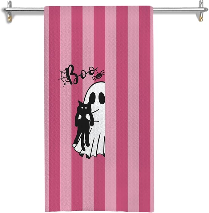 Black Cat Halloween Kitchen Towels, Cat Lover Mom Lady Gifts Dish Tea Towels for Kitchen Decor, Pink Striped Halloween Ghost Decorative Hand Towel for Bathroom, 16x24 Inches