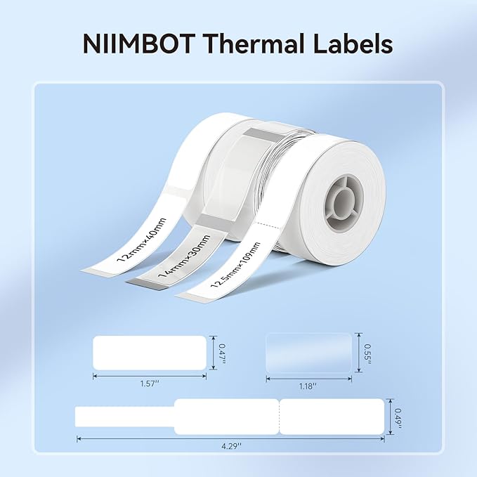 NIIMBOT Label Maker Tape for D110/D11/D101 Label Printer, Multi-Size 3Rolls Pack | 0.47'' x 1.57'' White, 0.55'' x 1.18'' Transparent, 0.49'' x 4.29'' White Cable, for Home Office School Labeling