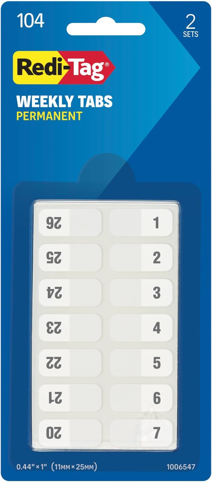Redi-Tag Weekly Adhesive Tabs, Preprinted Weekday Tabs, 2 Sets of 1-52, 7/17" x 1", 2 Sets, Durable and Customizable Labels with Permanent Adhesive for Planners and Files, White (1006547)