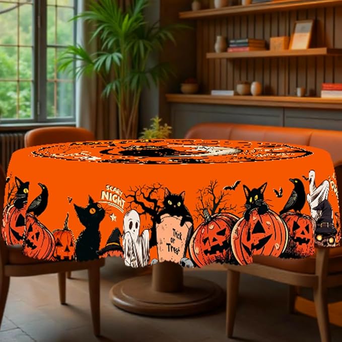 Eikione Round Tablecloth 60inch, Halloween Batcat Tablecloth Waterproof and Wrinkle-Free, Table Covers, Summer Decorations for Home Dining