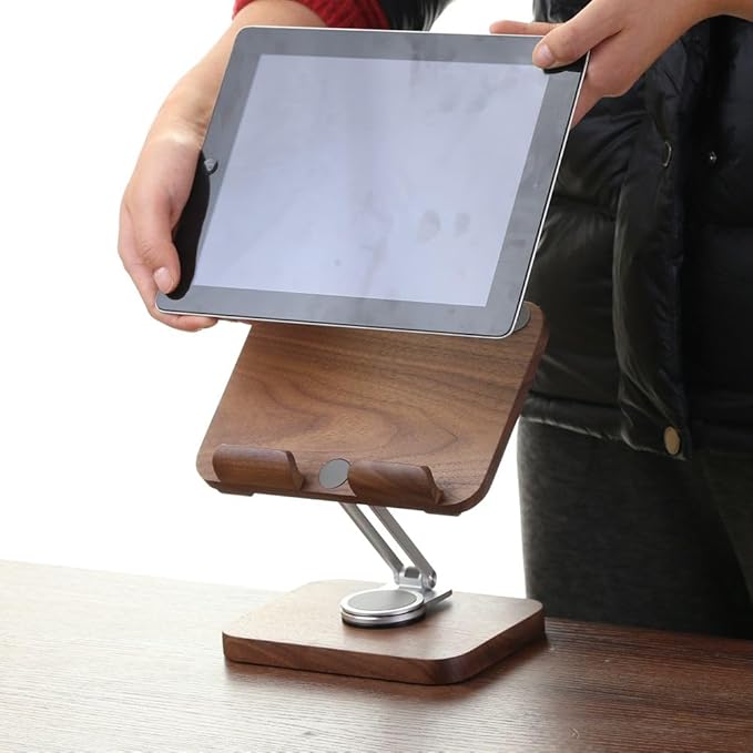 Adjustable Tablet Stand for Desk - Walnut Wood Portable Tablet Holder with Customizable Height & Angle, Sturdy Dock for iPad Pro/Air/Mini, Kindle, E-Reader, Phone & Small Laptops (Home/Office Use)