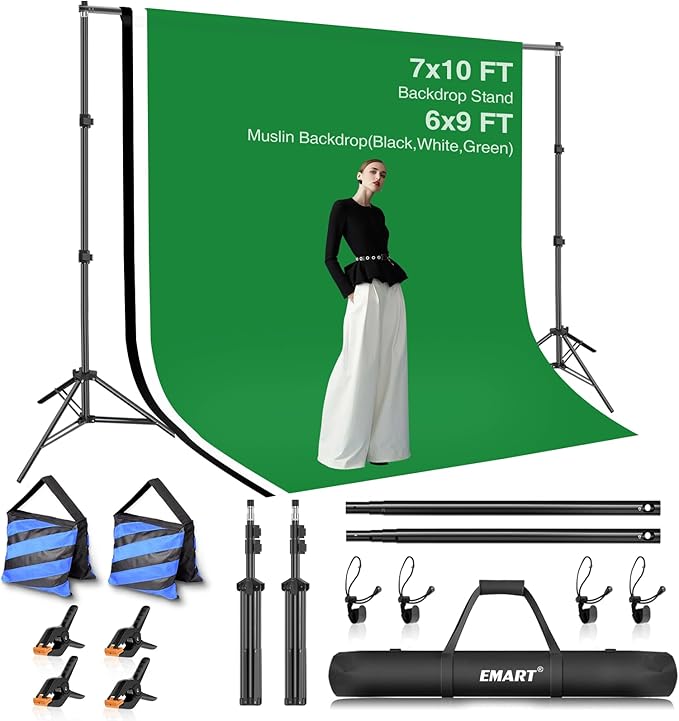 EMART Photo Video Studio Backdrop Stand Kit, 7×10ft Adjustable Photography Support System with Polyester Background(Black/White/Green Screen), Spring Clamps and Carry Bag for Photoshoot