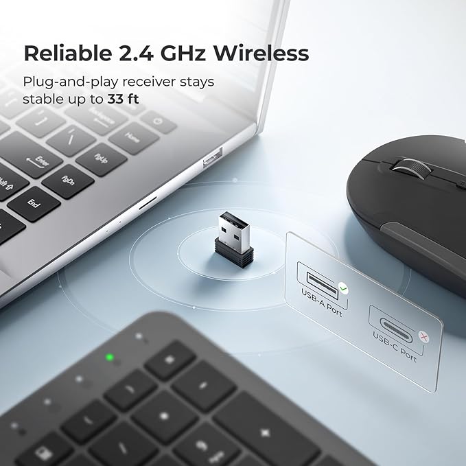 iClever Wireless Keyboard and Mouse, GK08 Rechargeable Keyboard Mouse Combo, Ergonomic, Quiet, Full Size Design with Number Pad, 2.4G Connection for Mac, Windows and Computer