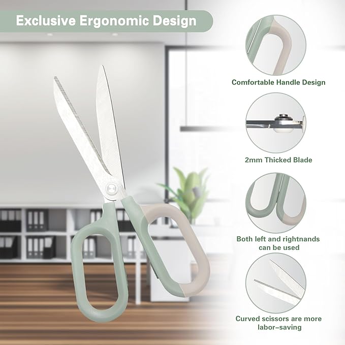 DuoVogue Green Office Scissors with Comfort-Grip Handles, Cute scissors, Sharp Craft Scissors for DIY Art, Sewing, Fabric, Student, Teacher, and Home Use(7", Green-2Pack)