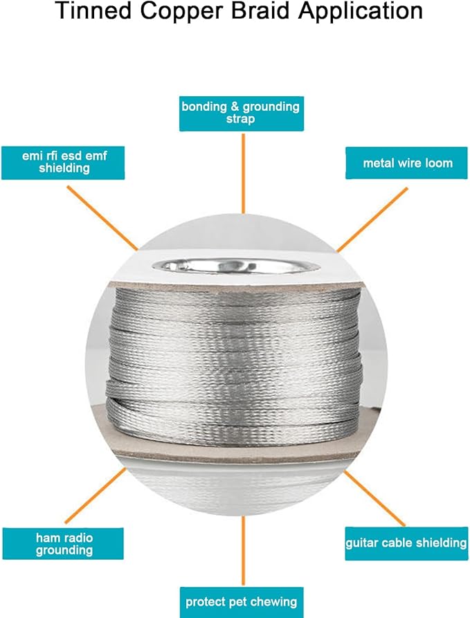 Tinned Copper Braided Cable Shielding Sleeve Metal Wire Loom Sheathing EMI RFI ESD Protector Grounding Mesh Flat Tubular Expandable 3/4" W(0.48" ID)-9FT