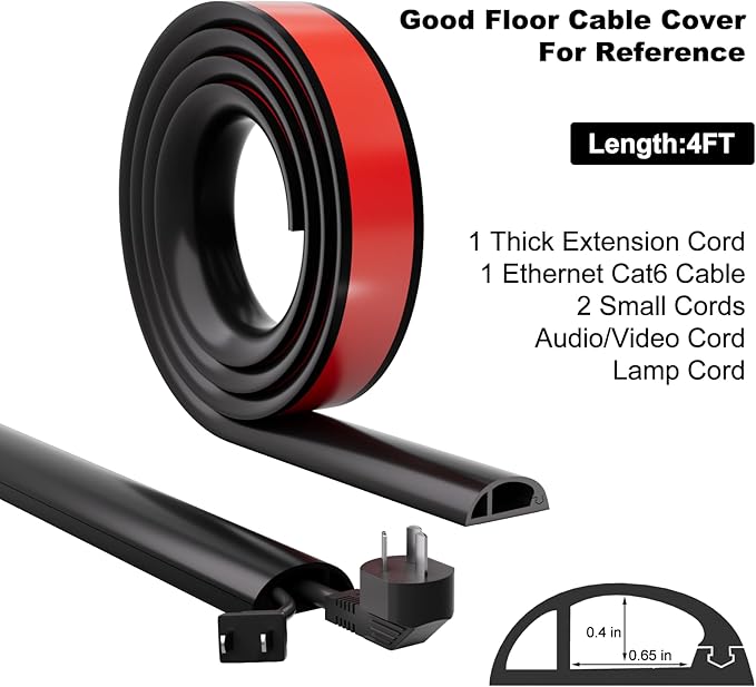 Kneelisa 4FT Side-Open Extension Cord Covers for Wires on Floor,Silicone Power Cable Protector Cord Hider Management Strip,Hide Electric Wire on Carpet,Chord Runner Protective Safety Wiremold,Black