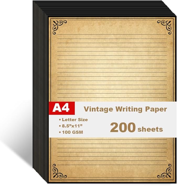 Vintage Lined Paper with Antique Border Design, 200 Sheets, Stationary Paper for Writing Letters, 100gsm, 11 x 8.5'', Aged Stationery for Writing Letters, Invitations, Stationery Writing Papers