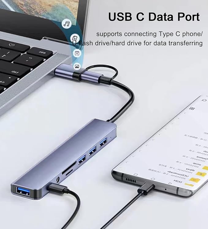 USB C Hub USB Hub 3.0 with SD/TF Card Reader, 3.5mm Headphone Aux Jack, 8-in-1 USB Splitter for MacBook Pro Air, XPS, Surface and More PC/Laptop/Tablet Devices