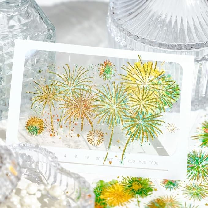 Holographic Fireworks Stickers for Journaling and Crafts, 12 Sheets Transparent PET Stickers for Scrapbooking, Junk Journal Supplies, Collage, DIY Paper Arts Decorative