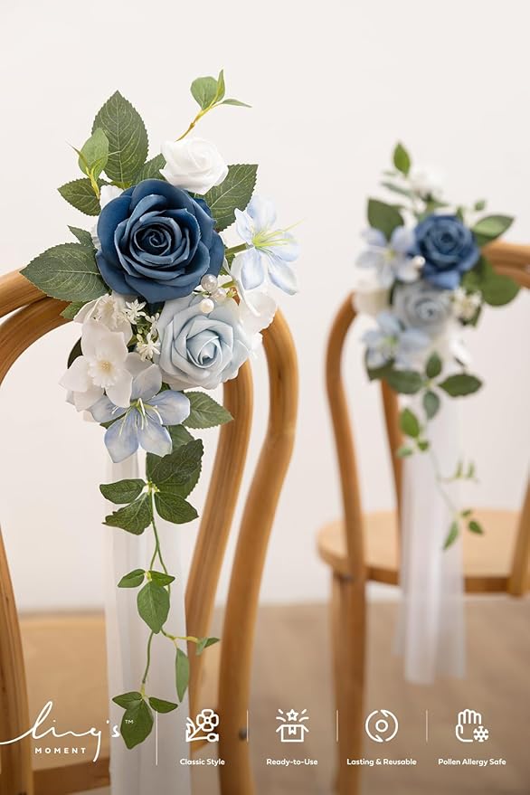 Ling's moment 8 Wedding Artificial Aisle Pew Flowers Chair Decorations Arrangements with Chiffon Ribbons Dusty Blue for Ceremony Reception Chair Back Floral Decor Reception Church Party Outdoor