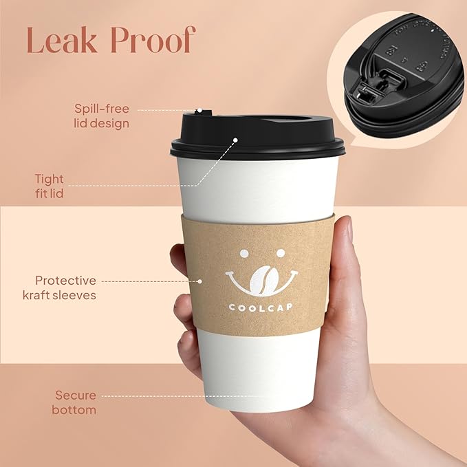 Coolcap Coffee Cups with Lids and Sleeves, 16 oz 300 Pack To Go Cups with Lids, Paper Hot Cups for Hot & Cold Beverage (White, 16 oz)