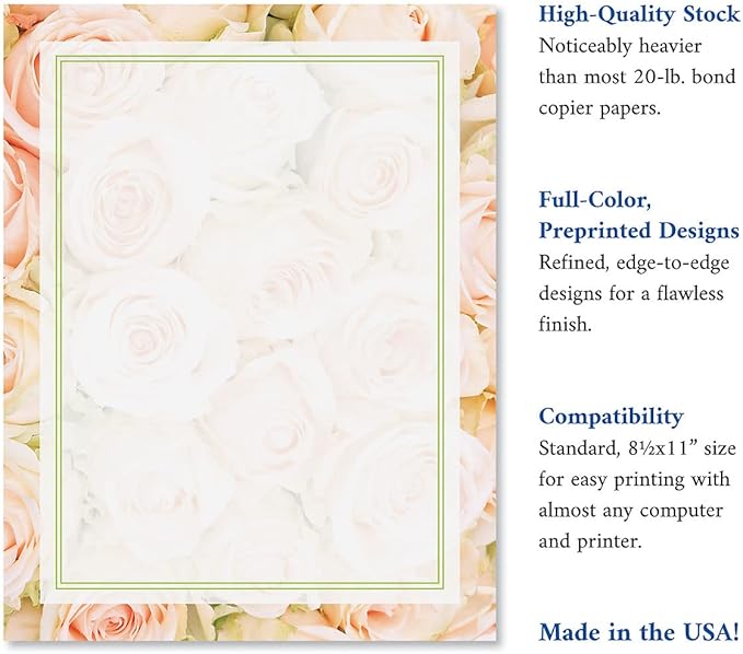 Current Pale Pink Rose Floral Letter Paper - Spring Stationery Papers With Decorative Rose Border, Printable Holiday, Wedding & Bridal Shower, & Invitation Sheets, Set of 25, 8 1/2" x 11"