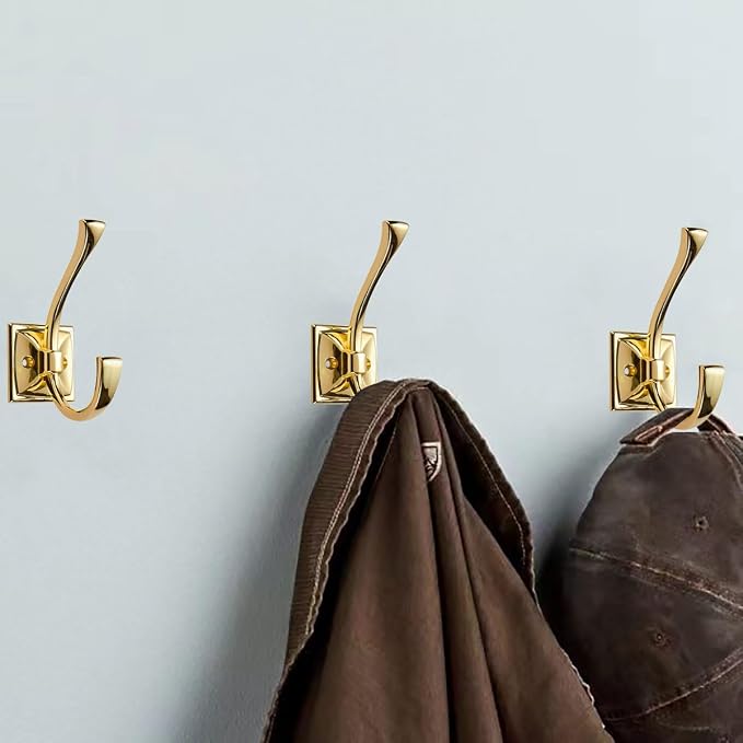 5 Pack Decorative Heavy Duty Towel Hooks for Hanging Robe Double Polished Brass Coat Hooks Wall Mounted with Screws for Key, Towel, Bags, Cup, Hat