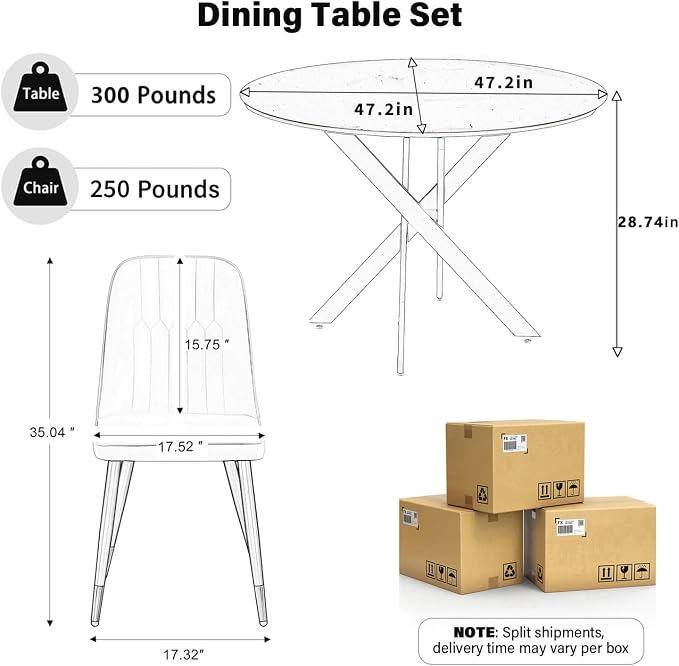 RGZ Mid Century Black Round Dining Table Set for 4, 47" Large Wooden Circle Kitchen Table & 4 Black PU Leather Kitchen Chairs, Dinner Table Set for Home, Apartment, Dining Room