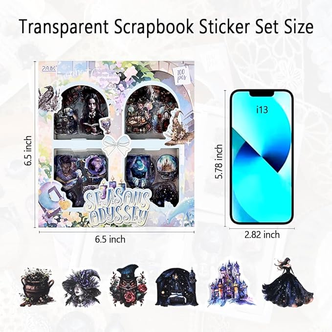 Scrapbook Stickers Set for Adults, 100 Sheets 3.1x3.1 Inches Diecut Dark Academia Theme, Clear PET Stickers for Junk Journaling Supplies, Collage, Scrap Booking, DIY Crats Arts Decorative