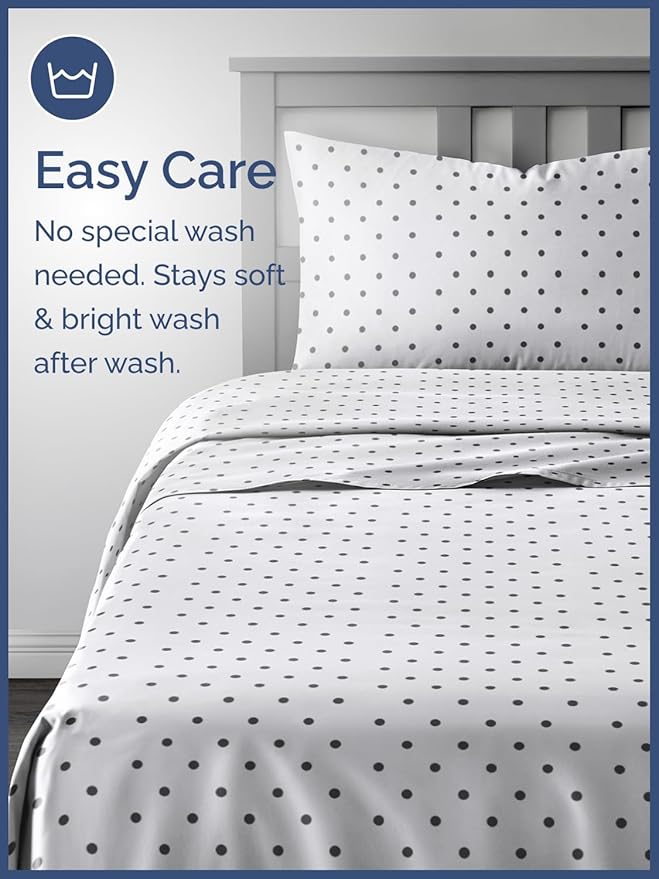 Kids Full Size Polka Dots Bed Sheets - 4 Piece Kids Black Dots Sheet Set - Spotty Patterned Bedding - Soft & Cozy - Breathable & Machine Washable - Easy-Care Bed Set for Boys, Girls, Teens & Toddlers