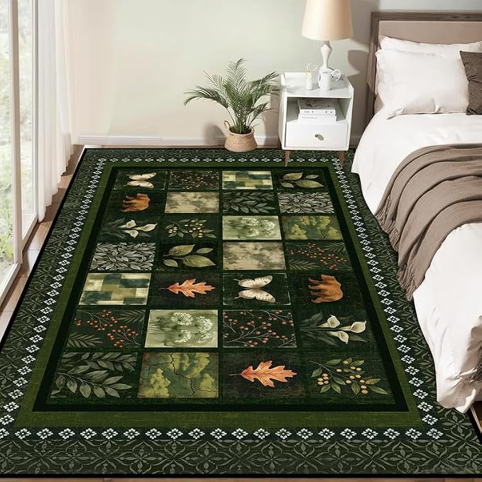 3'x5' Vintage Green Botanical Area Rug Non-Slip Washable Nature Patchwork Carpet Boho Floor Mat Rugs for Entryway Bedroom Living Room Nursery Kitchen Playroom Home Decor