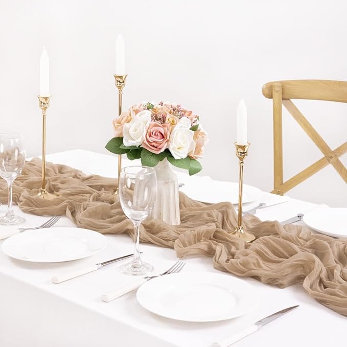 MLMC 12 Pack Nude Cheesecloth Table Runner 10ft Boho Rustic Gauze Taupe Cheese Cloth Table Runner Neutral Winter Decor 35x120 Inches for Reception Wedding Bridal Shower Party Decor